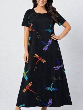 Copa Cabana Maxi Dress Womens Small Black Dragonfly Print Cotton Made USA 90s